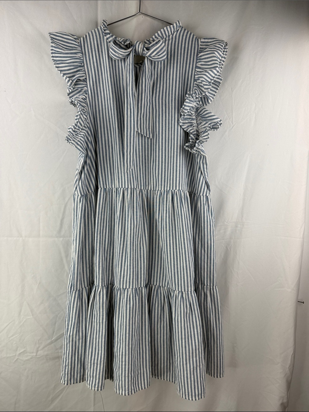 Mudpie Blue & White Striped Tiered Ruffle Sleeve Tie Back Size Large Kids Dress - Picture 4 of 7